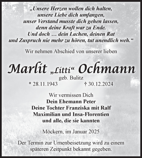 Traueranzeige von Marlit Ochmann von Volksstimme Burg/Genthin
