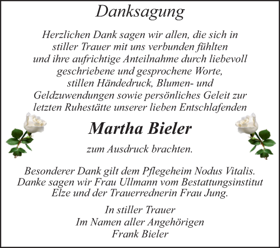 Traueranzeige von Martha Bieler von Trauerkombi Dessau