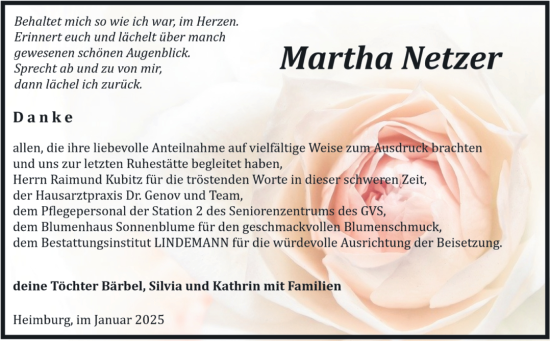 Traueranzeige von Martha Netzer von Volksstimme Wernigerode