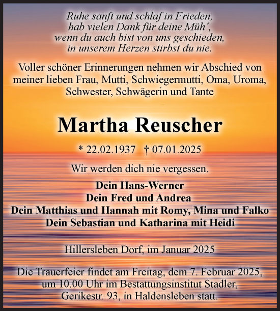 Traueranzeige von Martha Reuscher von Volksstimme Haldensleben/Wolmirstedt