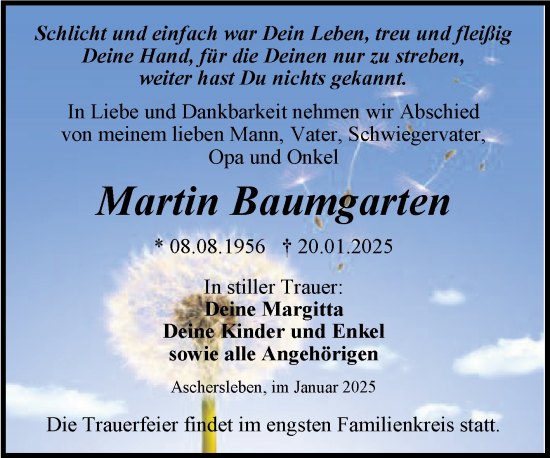 Traueranzeige von Martin Baumgarten von Trauerkombi Aschersleben