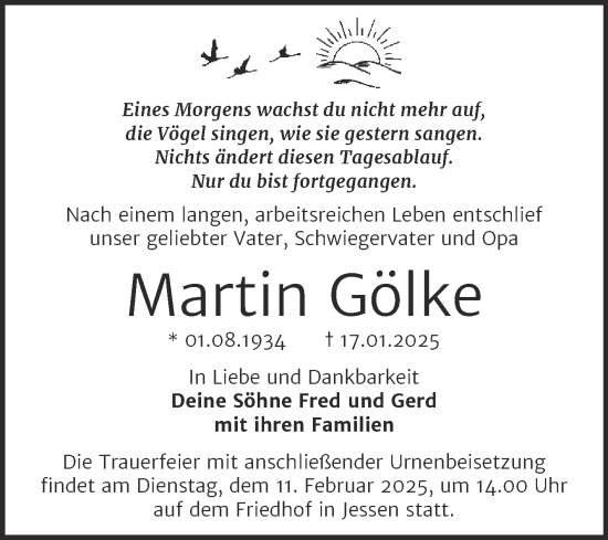 Traueranzeige von Martin Gölke von Trauerkombi Wittenberg