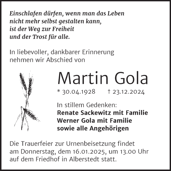 Traueranzeige von Martin Gola von Trauerkombi Merseburg