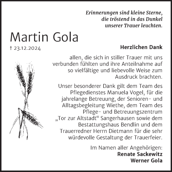 Traueranzeige von Martin Gola von Trauerkombi Merseburg
