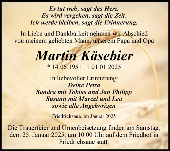 Traueranzeige von Martin Käsebier von Trauerkombi Aschersleben