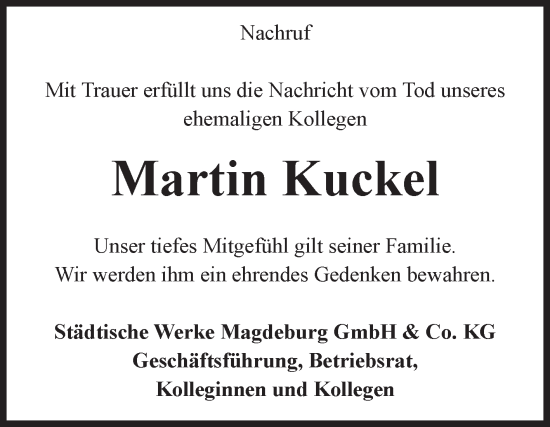 Traueranzeige von Martin Kuckel von Volksstimme Magdeburg