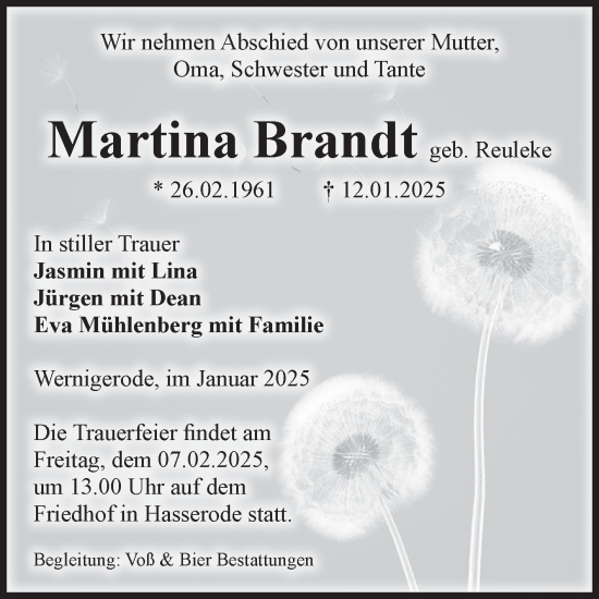 Traueranzeige von Martina Brandt von Volksstimme Wernigerode