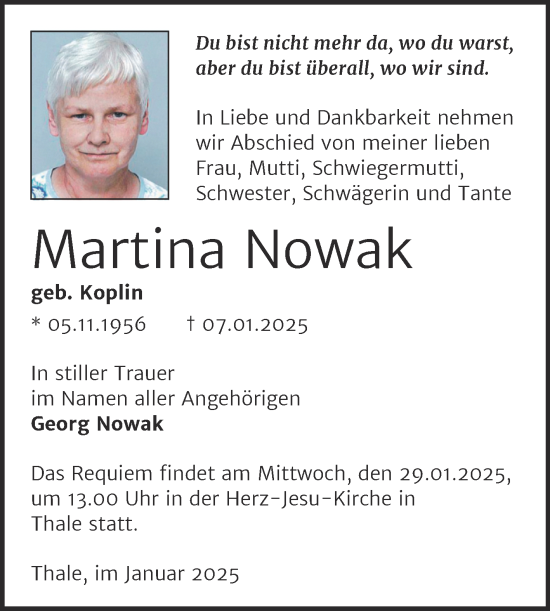 Traueranzeige von Martina Nowak von Trauerkombi Quedlinburg