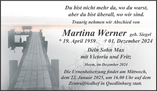 Traueranzeige von Martina Werner von Trauerkombi Aschersleben