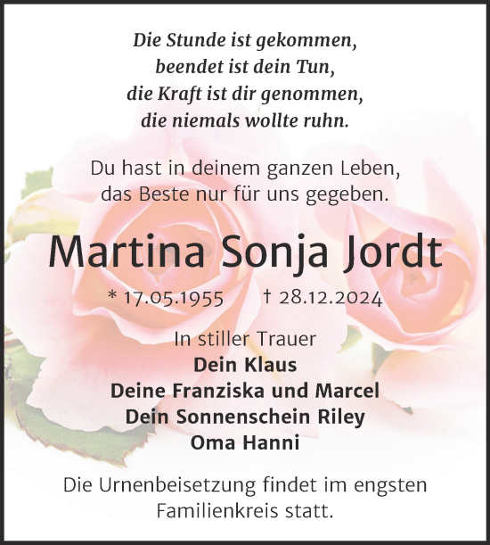 Traueranzeige von Martina Sonja Jordt von Trauerkombi Mansfelder Land