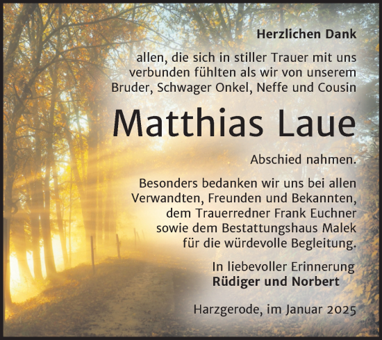 Traueranzeige von Matthias Laue von Trauerkombi Quedlinburg