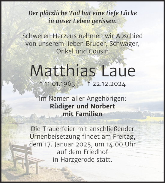 Traueranzeige von Matthias Laue von Trauerkombi Quedlinburg
