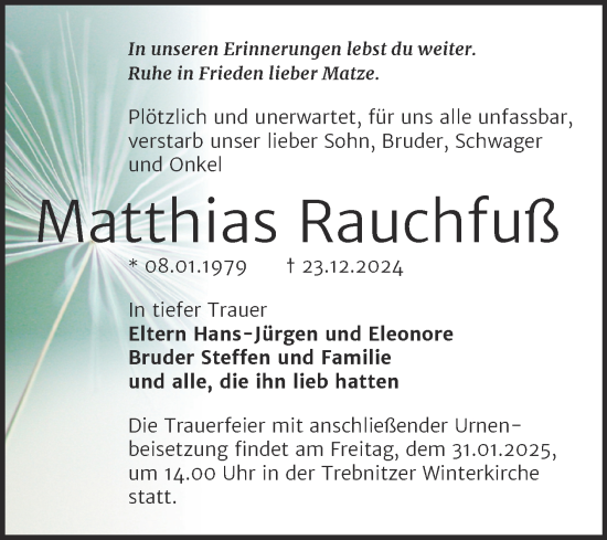 Traueranzeige von Matthias Rauchfuß von Trauerkombi Bernburg