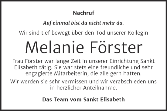 Traueranzeige von Melanie Förster von Super Sonntag Aschersleben
