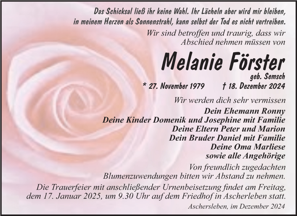  Traueranzeige für Melanie Förster vom 04.01.2025 aus Trauerkombi Aschersleben