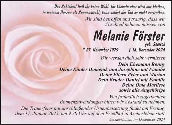 Traueranzeige von Melanie Förster von Trauerkombi Aschersleben