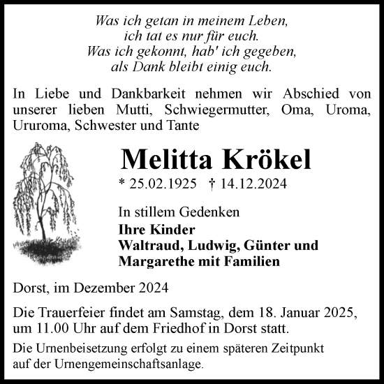 Traueranzeige von Melitta Krökel von Volksstimme Haldensleben/Wolmirstedt