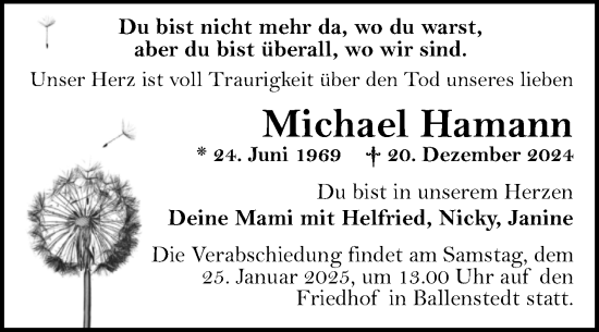Traueranzeige von Michael Hamann von Trauerkombi Quedlinburg