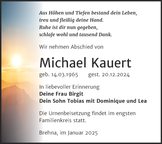 Traueranzeige von Michael Kauert von Trauerkombi Bitterfeld
