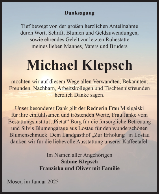 Traueranzeige von Michael Klepsch von Volksstimme Burg/Genthin