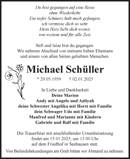 Traueranzeige von Michael Schüller von Volksstimme Altmark Ost
