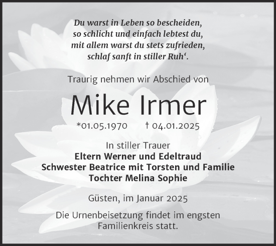 Traueranzeige von Mike Irmer 