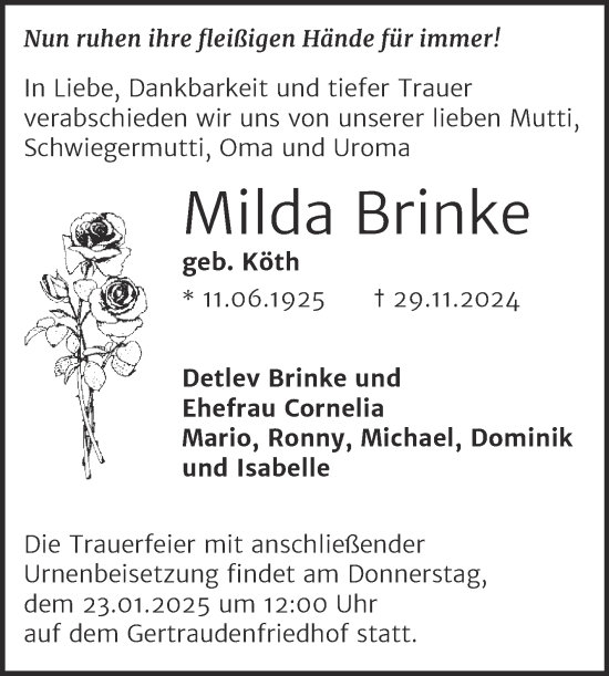 Traueranzeige von Milda Brinke von Mitteldeutsche Zeitung Halle/Saalkreis