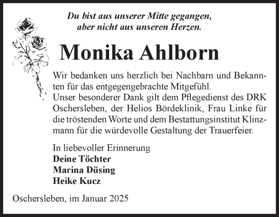 Traueranzeige von Monika Ahlborn von Volksstimme Oschersleben/Wanzleben