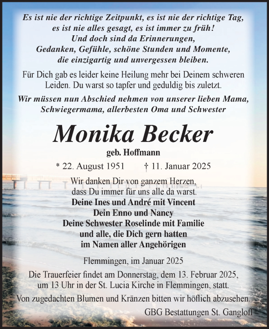 Traueranzeige von Monika Becker von Super Sonntag Naumburg/Nebra