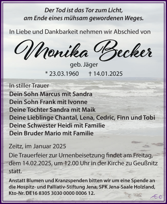 Traueranzeige von Monika Becker von Trauerkombi Zeitz
