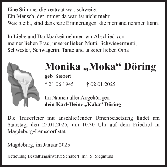Traueranzeige von Monika Döring von Volksstimme Magdeburg
