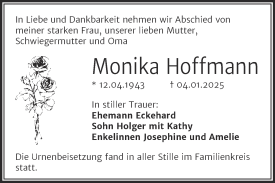 Traueranzeige von Monika Hoffmann von Mitteldeutsche Zeitung Halle/Saalkreis