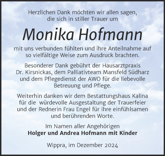 Traueranzeige von Monika Hofmann von Trauerkombi Mansfelder Land