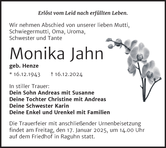 Traueranzeige von Monika Jahn von Trauerkombi Bitterfeld