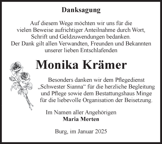 Traueranzeige von Monika Krämer von Volksstimme Burg/Genthin