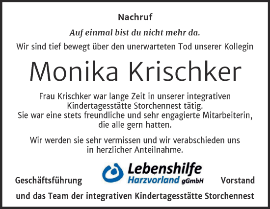 Traueranzeige von Monika Krischker von Super Sonntag Aschersleben