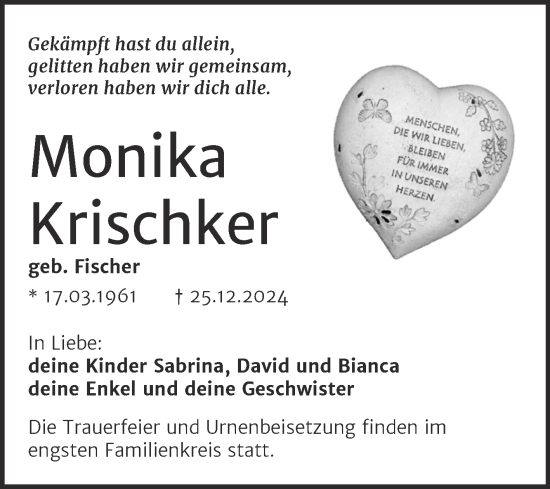 Traueranzeige von Monika Krischker von Trauerkombi Aschersleben