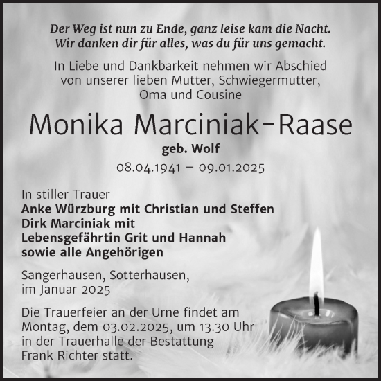 Traueranzeige von Monika Marciniak-Raase von Trauerkombi Sangerhausen