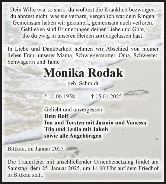 Traueranzeige von Monika Rodak von Volksstimme Altmark Ost