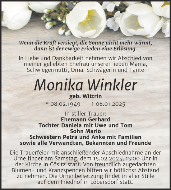 Traueranzeige von Monika Winkler von Trauerkombi Köthen