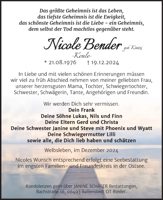 Traueranzeige von Nicole Bender von Trauerkombi Mansfelder Land