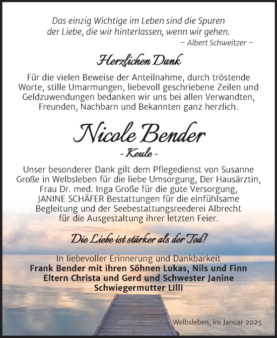Traueranzeige von Nicole Bender von Trauerkombi Mansfelder Land
