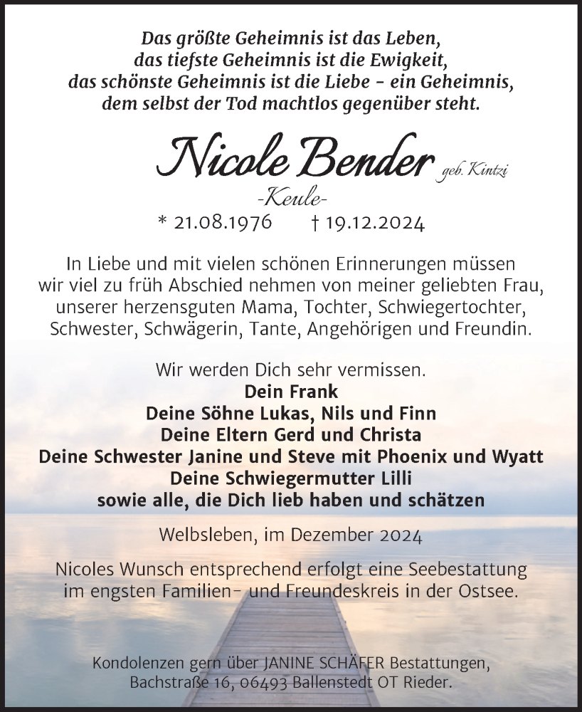  Traueranzeige für Nicole Bender vom 04.01.2025 aus Trauerkombi Mansfelder Land