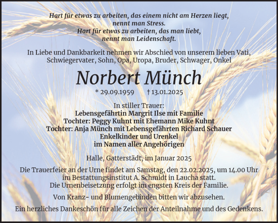 Traueranzeige von Norbert Münch von Trauerkombi Merseburg