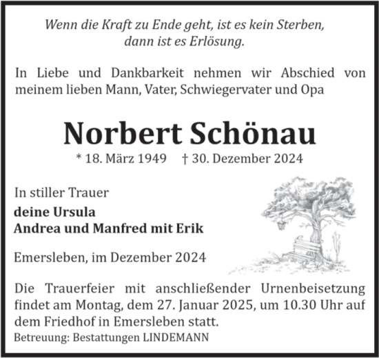 Traueranzeige von Norbert Schönau von Volksstimme Halberstadt