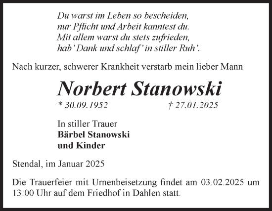 Traueranzeige von Norbert Stanowski von Volksstimme Altmark Ost