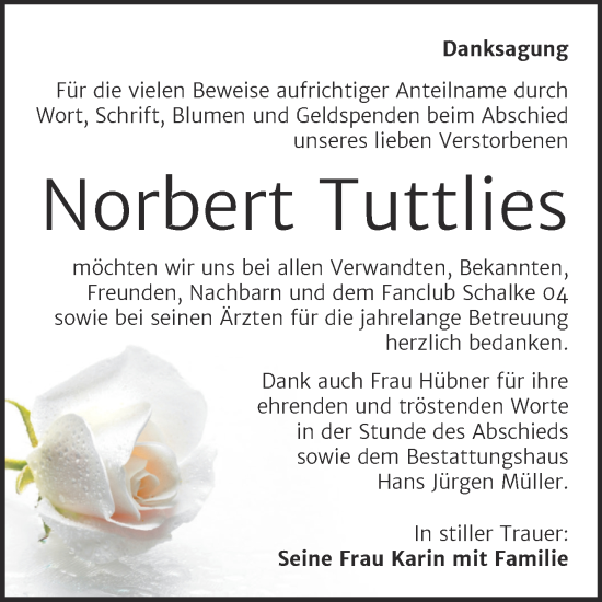 Traueranzeige von Norbert Tuttlies von Trauerkombi Aschersleben