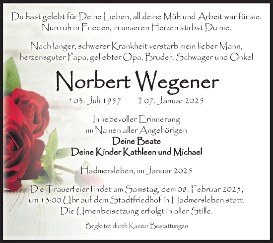 Traueranzeige von Norbert Wegener von Volksstimme Oschersleben/Wanzleben