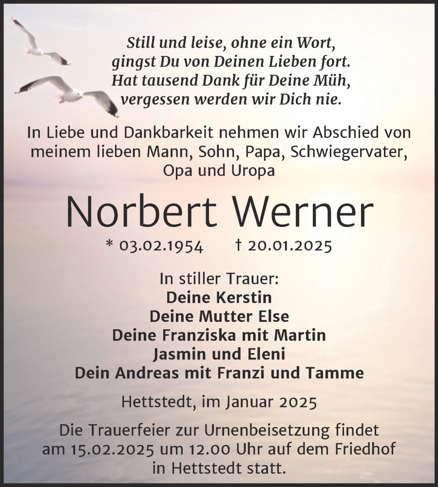  Traueranzeige für Norbert Werner vom 31.01.2025 aus Trauerkombi Mansfelder Land