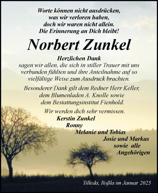 Traueranzeige von Norbert Zunkel von Trauerkombi Sangerhausen
